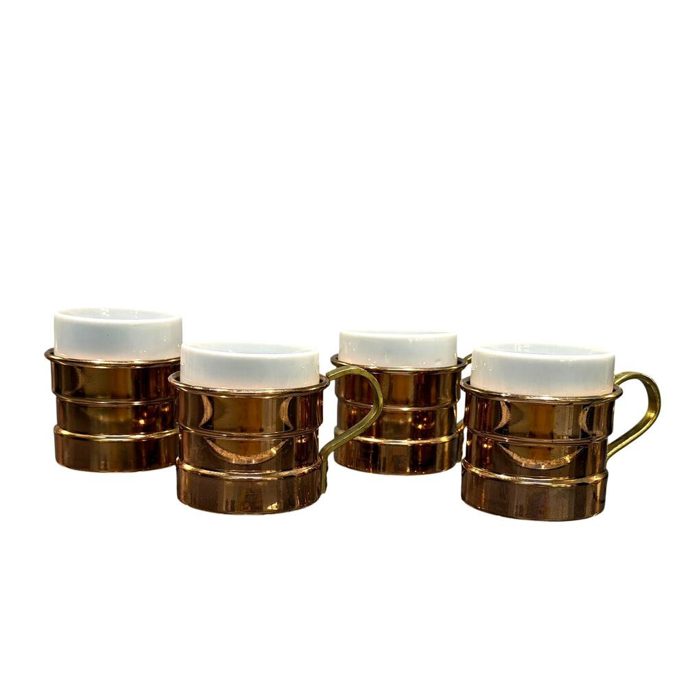Vintage Japan Demitasse Cups Set 4 Copper Tone Holders White Porcelain MCM
